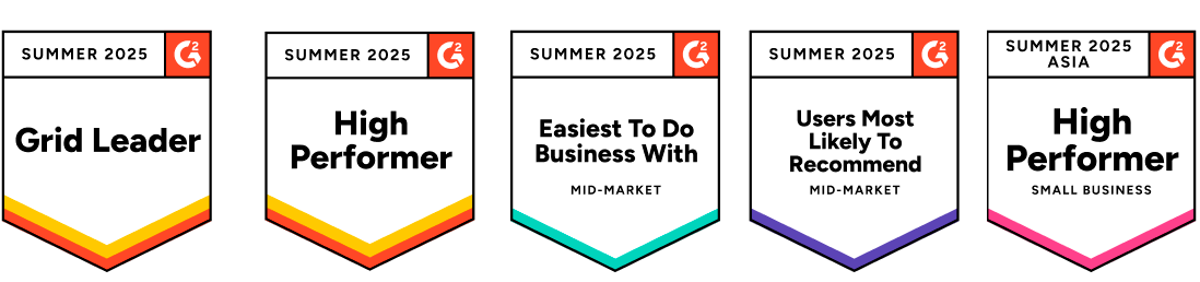G2 Summer 2025 Awards - Grid Leader, High Performer, Easiest To Do Business With, Users Most Likely To Recommend, High Performer Asia